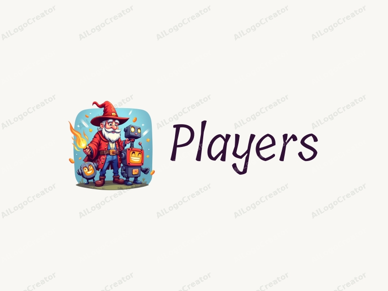 playful design features a vibrant color palette, a stylized player character, a whimsical wizard casting spells, and a friendly robot, combined with a clean and simple background.