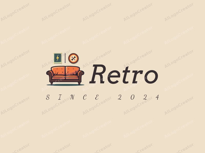 vintage design features a retro sofa and a retro poster, combined with an energy icon and a trust symbol, set against a clean background.