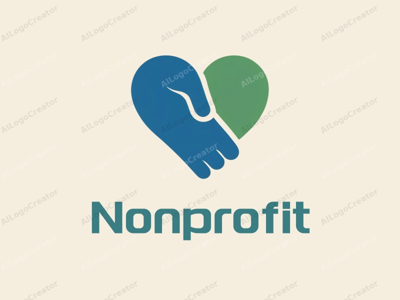 modern design features a heart shape and a handshake symbolizing charity and volunteer work, combined with a clean background in blue and green colors.