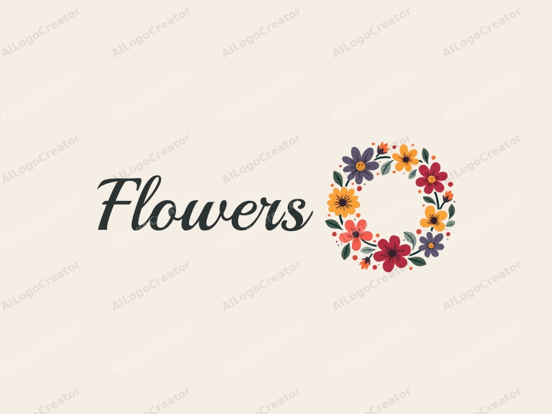 playful design features vibrant flowers and petals arranged in a circular wreath, complemented by playful leaves, all set against a clean background.