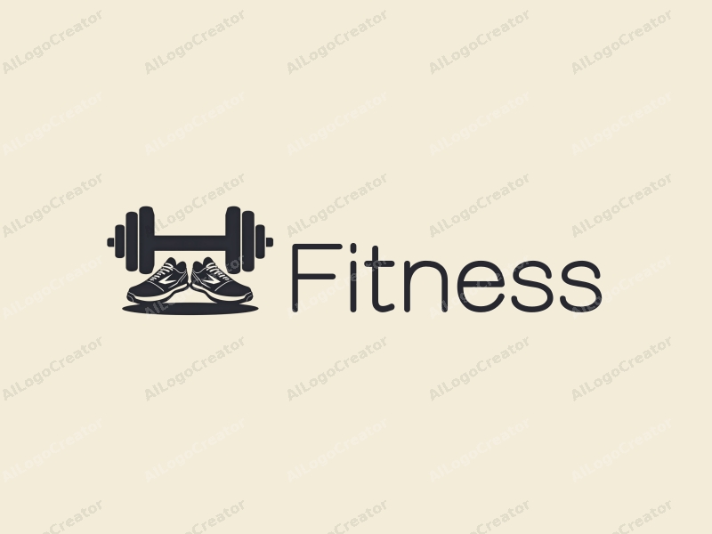 modern design features a stylized dumbbell and running shoes, combined with a clean background and a minimalist approach.