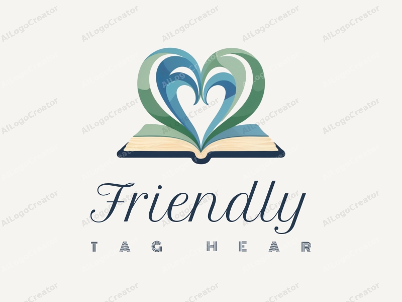 playful design features a heart shape intertwined with an open book, using blue and green colors, creating a friendly and inviting atmosphere with a clean background.