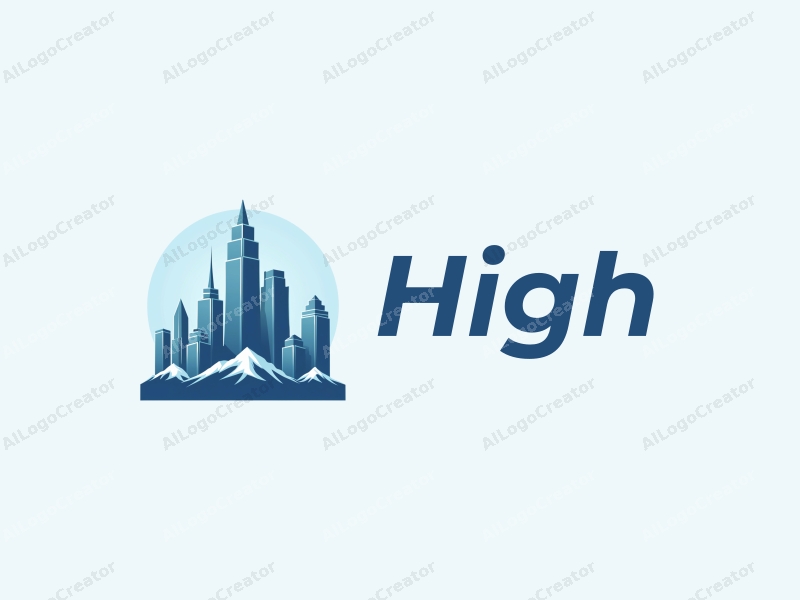 a modern design featuring towering skyscrapers and mountains, with a blue color palette, emphasizing height and grandeur, combined with a clean and simple background.