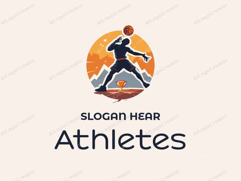 modern design features a dynamic athlete in motion, a stylized basketball, and a trophy, combined with a clean background and a harmonious composition.