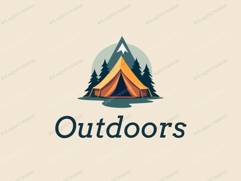 modern design features a stylized camping tent and mountain peak, combined with a clean background and a harmonious composition.