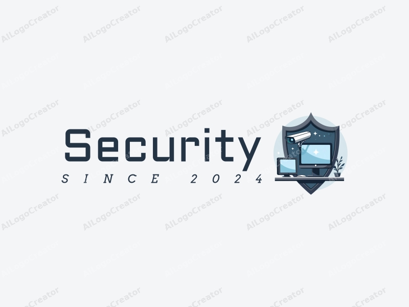 modern design features a stylized shield, a sleek surveillance camera, and a monitor, combined with a clean background and a focus on security themes.