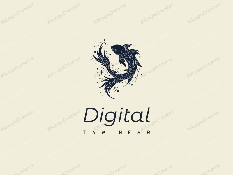 modern design features a stylized Koi fish intertwined with flowing data streams, incorporating digital elements in a harmonious composition with a clean background.