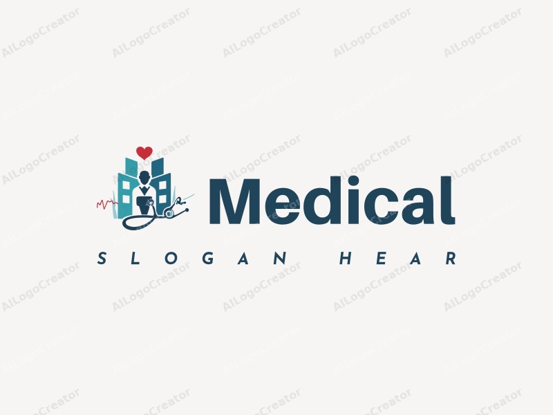 modern design features a stylized hospital silhouette, a doctor figure, a stethoscope intertwined with a heartbeat line, combined with a clean background.