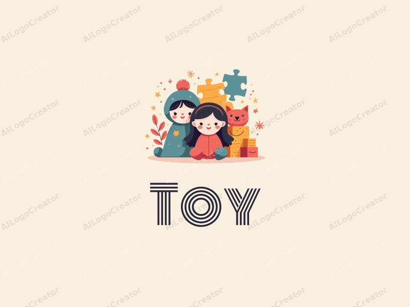 playful design features colorful dolls, stylized puzzles, cheerful faces, and building blocks combined with a clean background.