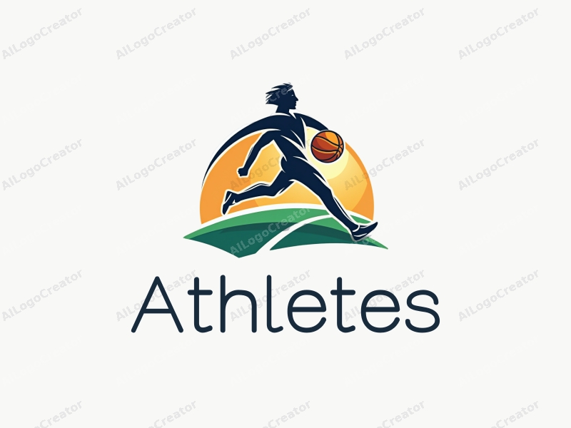 modern design features a dynamic athlete in motion, a stylized basketball, and a sports field background combined with a clean and simple layout.