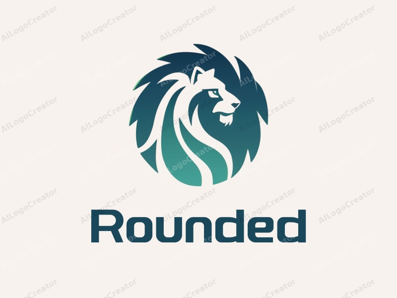 geometric design features a stylized lion integrated with circular shapes and curves, emphasizing technology elements, combined with a clean blue and green color palette.