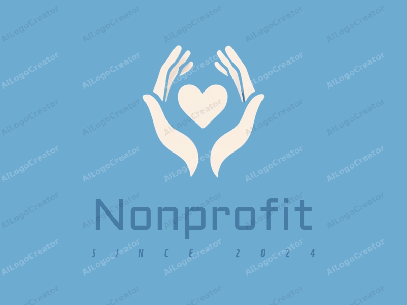 modern design features a stylized hand and heart shape, symbolizing charity and community, combined with a clean blue background.