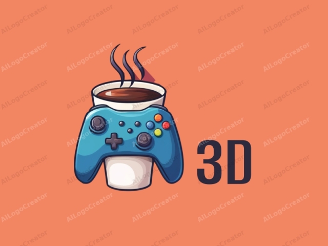 3Dコーヒーカップとダイナミックなゲームコントローラーを特徴とする現代デザインで、カラフルでクリーンな背景と組み合わせています。