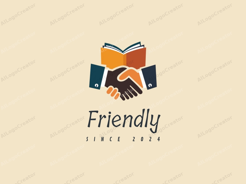 playful design features a stylized book and a handshake, combined with a clean background, emphasizing friendship and community in an educational and social context.