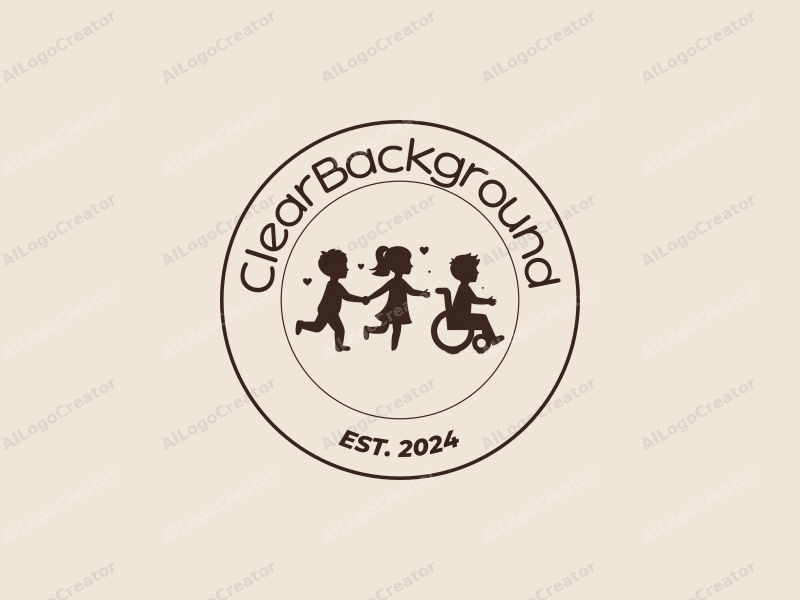 minimalist design features playful children silhouettes, a stylized wheelchair, and an inclusive theme combined with a clean, transparent background.