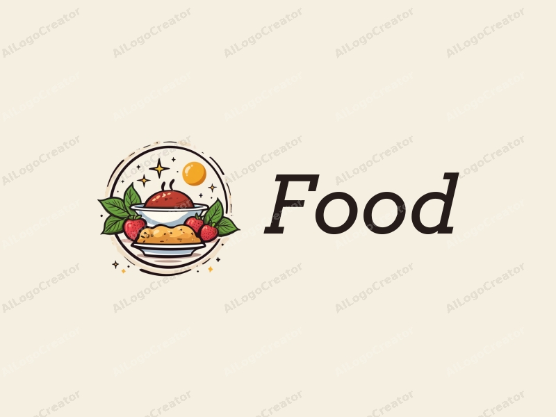 a modern design featuring vibrant food elements like fruits and dishes, combined with stylized stars to represent deliciousness, set against a clean background.