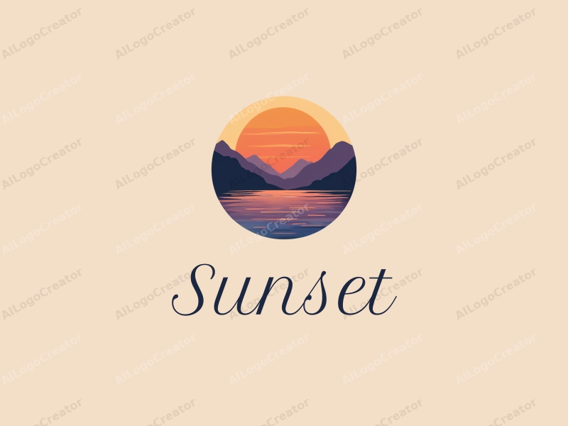 vintage design features a stylized sunset over mountains and ocean, with a harmonious blend of orange and purple colors, creating a serene and artistic atmosphere.