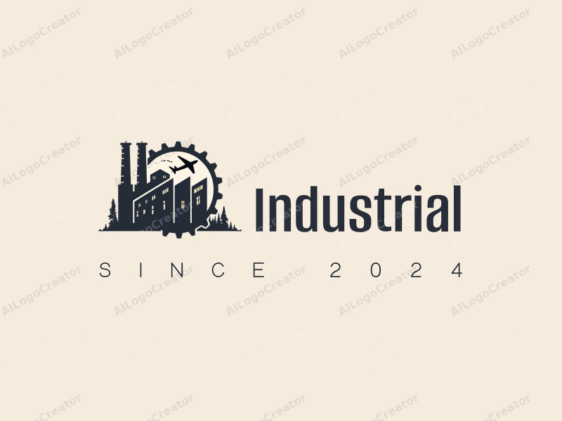 modern design features a stylized factory silhouette, interlocking gears, and an aircraft outline, combined with a clean background.