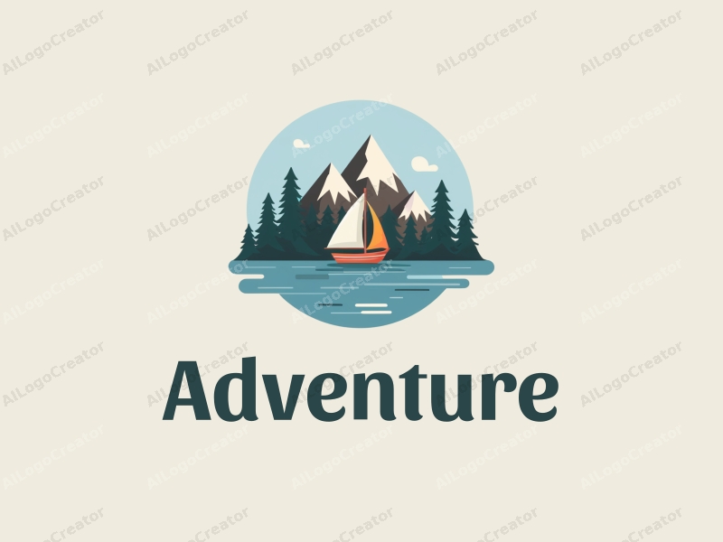 playful design features stylized mountain peaks and sailing elements, combined with a clean background and a sense of adventure.