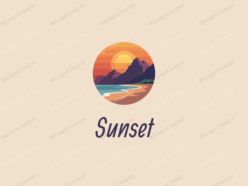 vintage design features a stylized sunset over a beach with mountains in the background, using a harmonious blend of orange and purple colors, combined with a clean and simple composition.