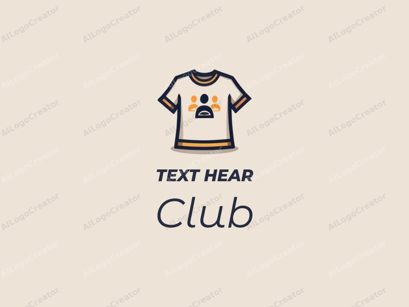 minimalist design features a stylized club icon, social interaction symbols, and t-shirt and sweatshirt silhouettes combined with a clean background.