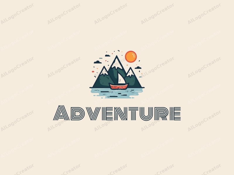 playful design features stylized mountains and sailing elements, combined with adventure and exploration themes, set against a clean background.