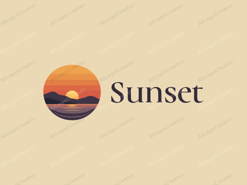 vintage design features a stylized sunset over a beach with mountains in the background, using a harmonious blend of orange and purple colors, combined with a clean and simple composition.