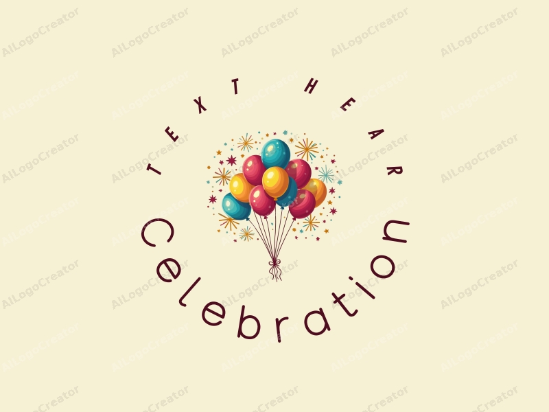 playful design features colorful balloons and vibrant fireworks, combined with a gold accent, creating a festive atmosphere with a clean background.