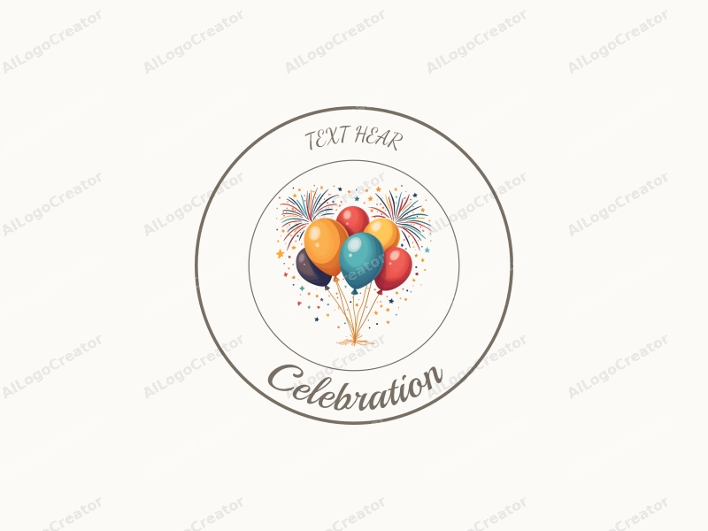 playful design features colorful balloons and vibrant fireworks, combined with a gold accent, creating a festive atmosphere against a clean background.