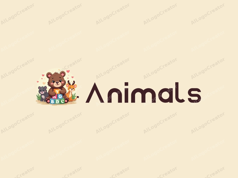 playful design features a stylized bear interacting with colorful ABC blocks, surrounded by various wild animals, all set against a clean and vibrant background.