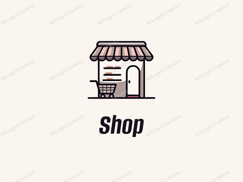 modern design features a stylized shop silhouette, a shopping cart, and shelves, combined with a clean background.