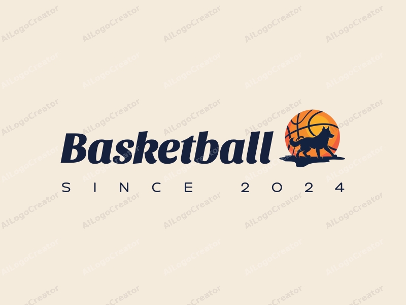 playful design features a stylized basketball, an athlete in motion, and a wolf silhouette, combined with a clean background.