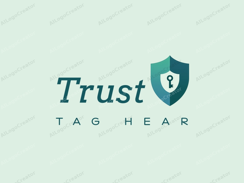 a modern minimalist design featuring a stylized key and shield, symbolizing trust and safety, combined with a clean background in blue and green tones.