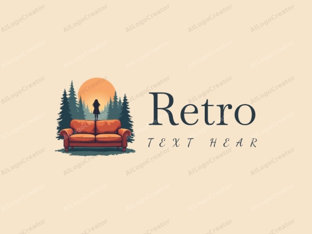 vintage design features a retro sofa and a retro poster, combined with a silhouette of a girl in a forest setting, all presented with a clean and harmonious background.