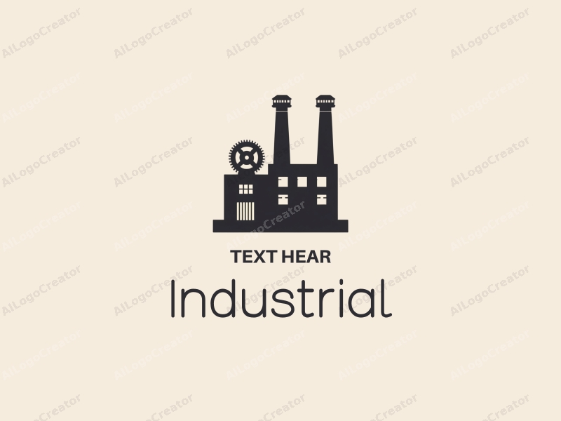 modern design features a stylized factory silhouette with gears and chimneys, utilizing a clean and simple composition with a focus on industrial elements.