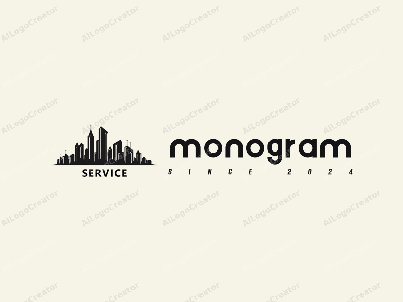 a modern minimalist design featuring stylized letters and design elements integrated with a cityscape, emphasizing service, all in a clean black color scheme.