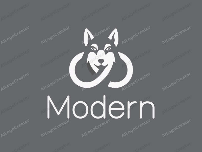 a modern minimalist design featuring a stylized wolf intertwined with an infinity symbol, using a clean white and gray color palette, emphasizing simplicity and innovation.