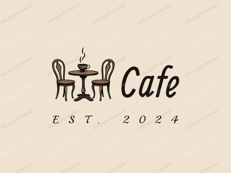 vintage design features a stylized coffee cup, antique table, and chairs, combined with a clean background.