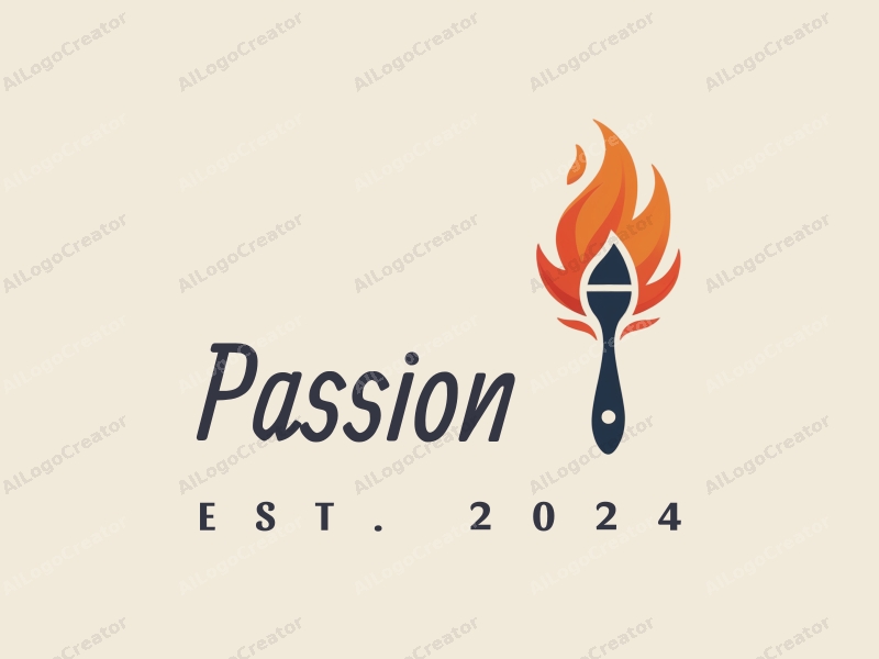 playful design features a dynamic paintbrush intertwined with a flame, symbolizing passion and enthusiasm, combined with a clean background.