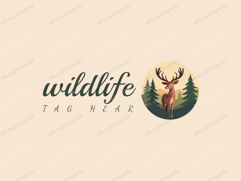 playful design features a stylized deer among trees, surrounded by natural landscapes, using a harmonious blend of earthy colors and a clean background.