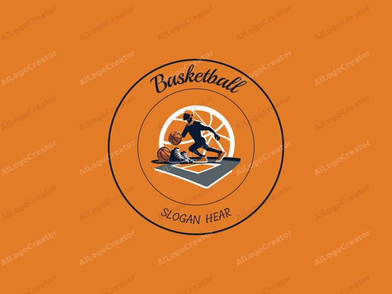 dynamic design features a stylized basketball, a pair of sneakers, and an athlete in motion, combined with a basketball court background, using a sporty design approach with clean lines and a vibrant orange color scheme.