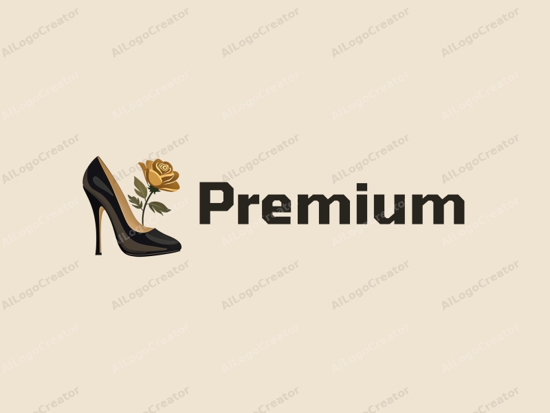 a modern design featuring a stylized high heel and a golden rose, combined with a clean background and a luxurious aesthetic.