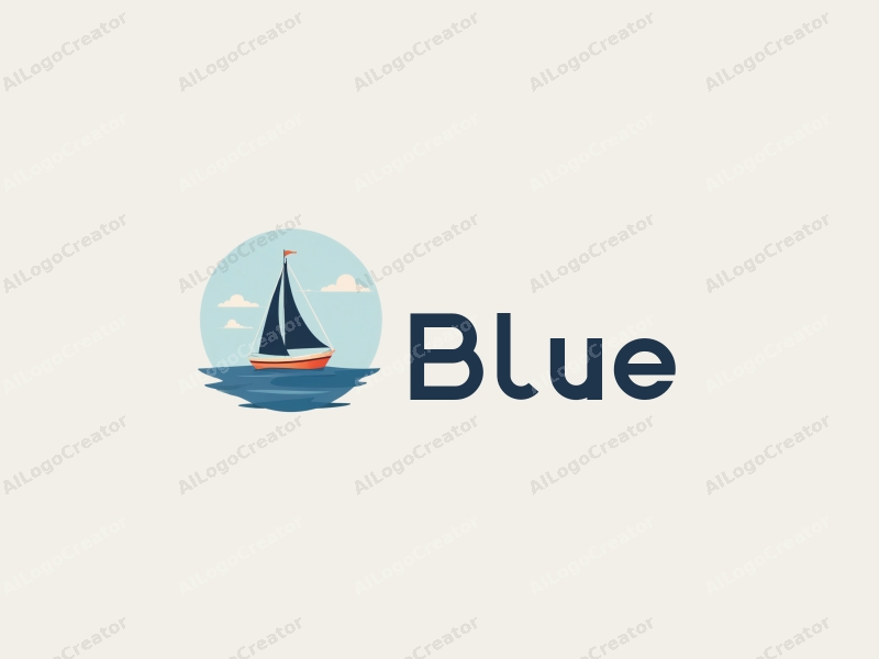 minimalist design features a stylized sailboat gliding over a calm ocean under a clear sky with soft clouds, combined with a clean background.