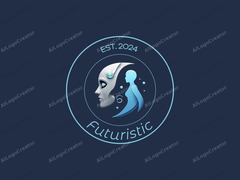 a modern minimalist design featuring a stylized robot and a female figure, incorporating futuristic and innovative themes with a clean background in silver and blue colors.