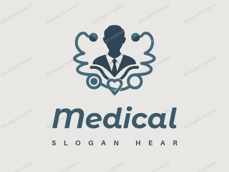 modern design features a stylized hospital silhouette, a doctor figure, a stethoscope intertwined with a heartbeat line, combined with a clean background.