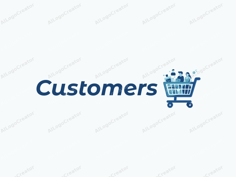 a modern design featuring a stylized shopping cart filled with products, accompanied by abstract representations of customers and shoppers, utilizing a clean and simple composition with a blue color palette.