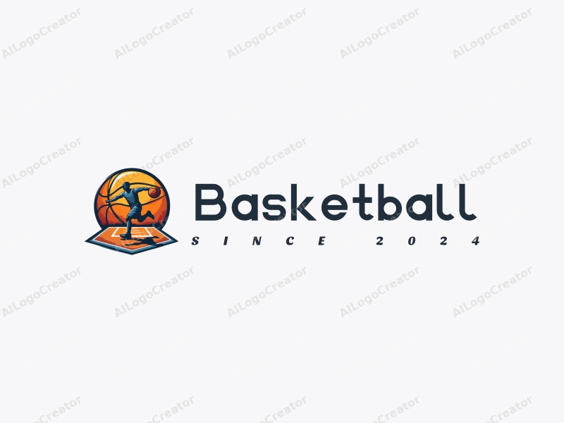 playful design features a stylized basketball, an athlete in motion, and a basketball court background combined with a clean and simple layout.