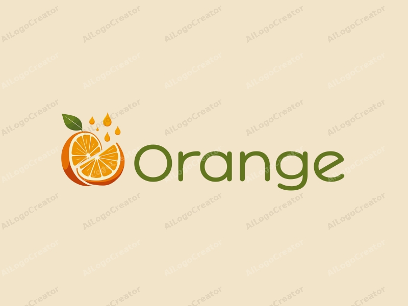 modern design features a stylized orange and orange juice, with orange slices and water droplets, combined with a clean background.