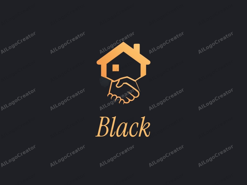 minimalist design features a stylized house silhouette and a handshake, set against a black background representing night, creating a harmonious and clean composition.