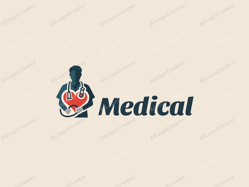 modern design features a stylized hospital silhouette, a doctor figure, a stethoscope intertwined with a heart, combined with a clean background.